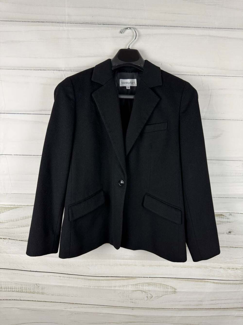 Bloomingdale's Black Single-Button Wool Blazer Jacket Size 12